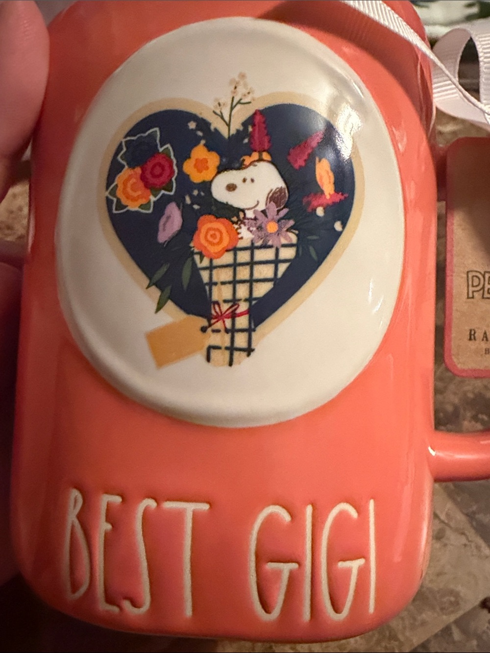 Rae Dunn/ Snoopy “Best GiGi” Coral Floral Heart Ceramic Mug NWT - Picture 2 of 5
